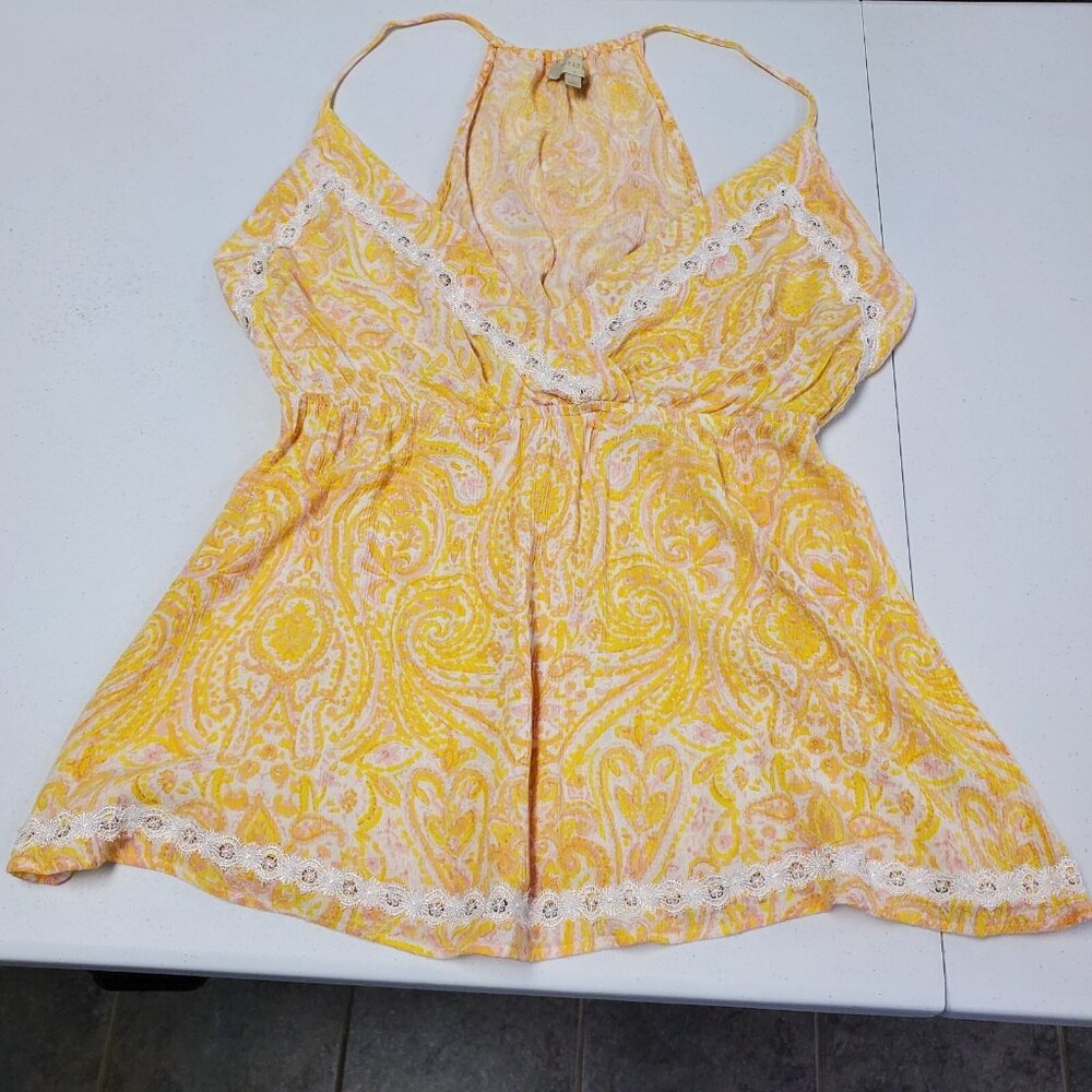 Dance Marvel Babydoll Top Women Size L Yellow Floral Pleated Lace Accent Flowy